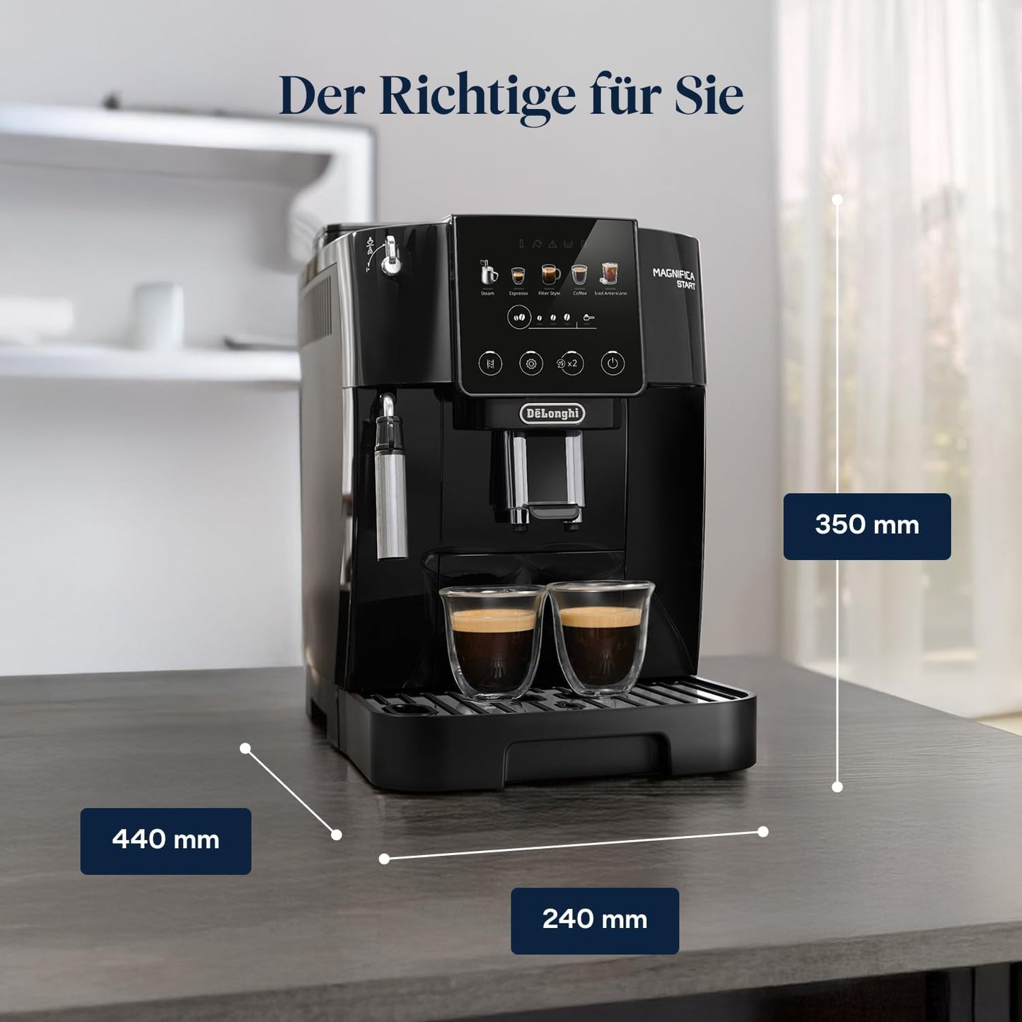 Magnifica Start (ECAM220.91.B)- Perfetto Kaffeevollautomat mit LatteCrema-Milchaufschäumer, 4 One-Touch-Getränke, Cappuccino, Espresso Kaffeemaschine, Soft-Touch-Bedienfeld, Schwarz